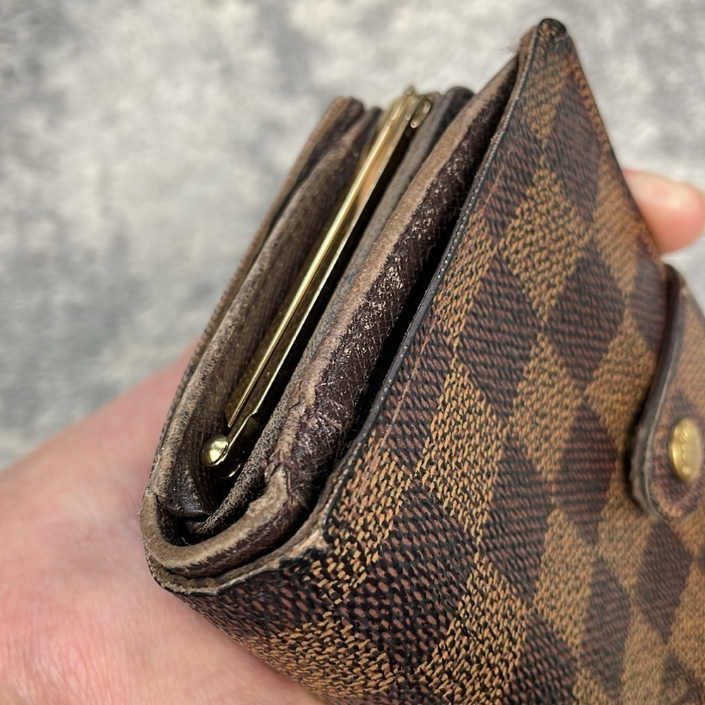 Louis Vuitton Damier Ebene French Kisslock Compact Wallet Brown Tan Checkboard - Picture 8 of 17